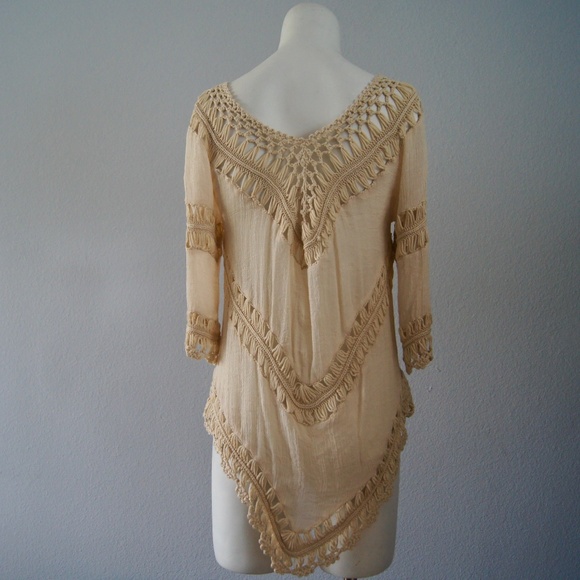 Crochet Tunic Cover-Up Women's S/M Boho Beach Hippie Beige - Picture 5 of 7
